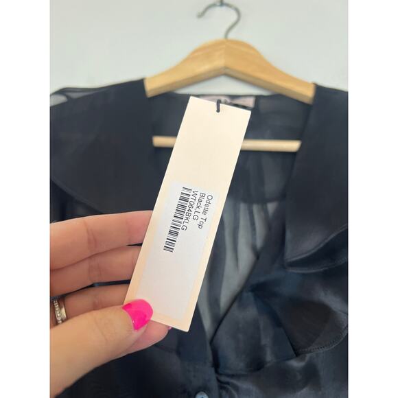 NWT Lingua Franca Sheer Ruffle Edges Short Sleeve Odette Top Black Size: Large - Picture 5 of 7